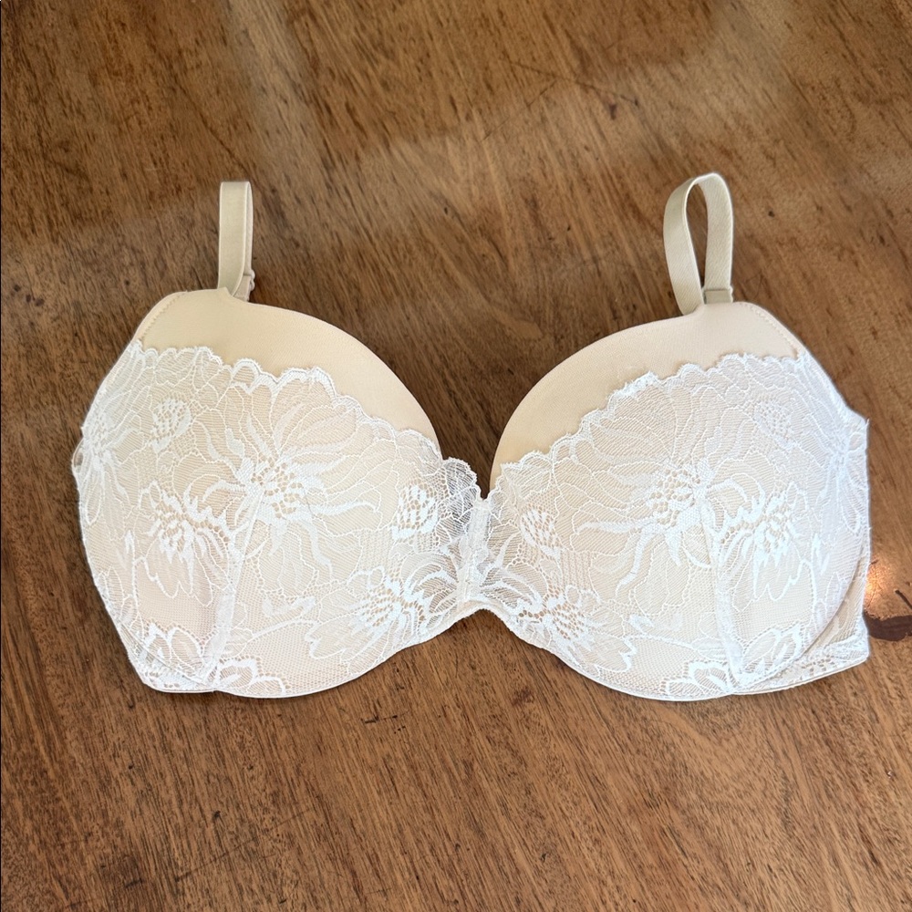Adore Me Cream Bra with White Floral Lace Overlay